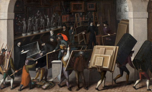Crédits image : The Confiscation of the Contents of a Painter’s Studio, François Bunel le jeune, c. 1590. Mauritshuis, Domaine public