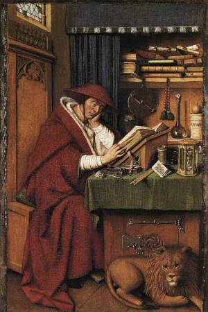 EYCK, Jan van (b. before 1395, Maaseik, d. before 1441, Bruges) St Jerome 1442 Oil on parchment on oak panel, 20 x 12,5 cm Institute of Arts, Detroit The painting is attributed to Jan van Eyck. The date of 1442 appears on the painting, showing that it was completed by workshop associates in just a year after Van Eyck's death. It can be supposed from the letter on the table, that St Jerome represents a portrait of Cardinal Niccol? Albergati. --- Keywords: -------------- Author: EYCK, Jan van Title: St Jerome Time-line: 1401-1450 School: Flemish Form: painting Type: religious