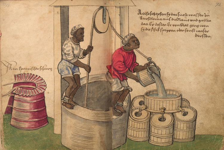 Esclaves s’occupant de l’approvisionnement en eau douce des barques et galères à Barcelone, XVIe siècle, Christoph Weiditz, Trachtenbuch, ff. 73-74, 1529, Nuremberg, Germanisches Nationalmuseum