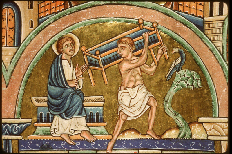Paris, Bibliothèque Sainte-Geneviève, 10, f. 128 (détail) Guérison du paralytique, Bible de Manerius, Domaine public
