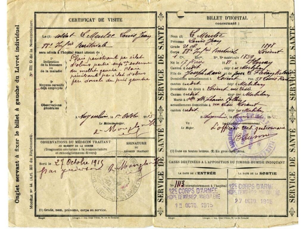 Blessures de Louis Le Mentec - 1915 - Europeana 1914-1918, Europe - CC BY-SA.