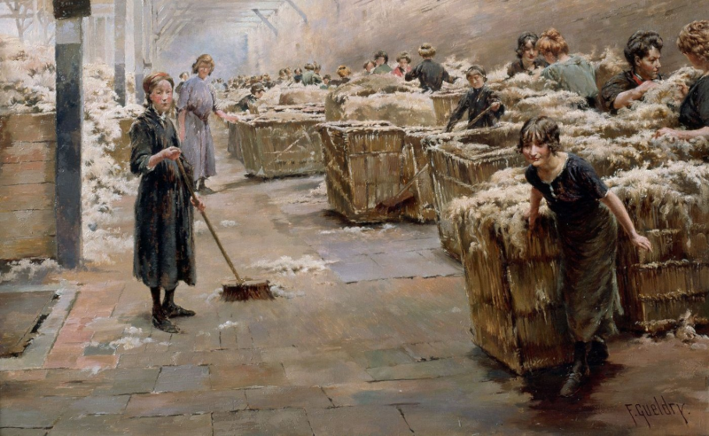Le triage de la laine dans la filature du Nord. Détail du tableau de Ferdinand Gueldry (1913) Musée d’art et d’industrie André Diligent de Roubaix (Wikimedia Commons)