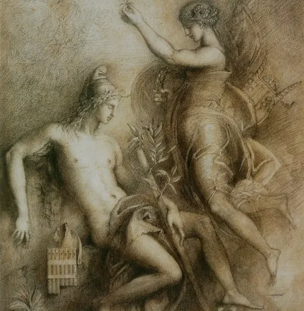 Gustave Moreau, "Hésiode et la Muse", 1857, plume, encre brune, pierre noire, rehauts de blanc, 41,9 x 33 cm, Cambridge (Mass.), Fogg Art Museum