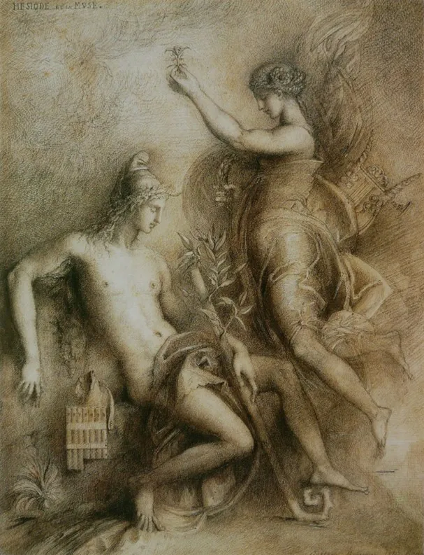 Gustave Moreau, "Hésiode et la Muse", 1857, plume, encre brune, pierre noire, rehauts de blanc, 41,9 x 33 cm, Cambridge (Mass.), Fogg Art Museum