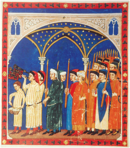 Illustration : procession des notaires de Pérouse pour la « luminaria » à la veille de l’Annonciation (25 mars). Pérouse, Bibl. Augusta, ms. 973 (statut et matricule du collège des notaires de 1403), fol. 2.