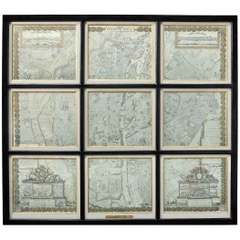 Grand cadre rectangulaire titré "Lutetia Paris" renfermant neuf gravures sous verre séparées "à petit bois" représentant un plan de Paris au XVIIIe siècle