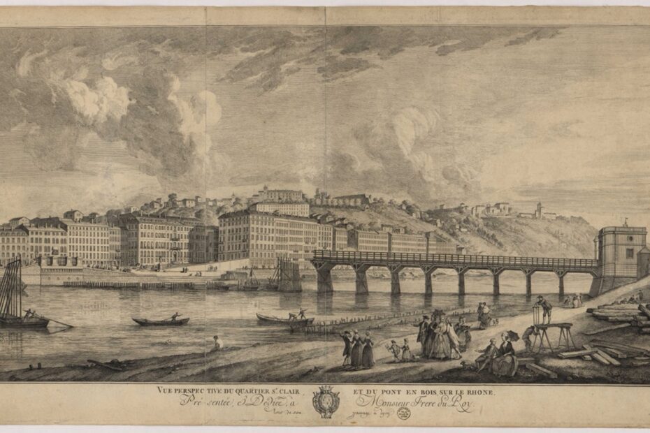 Vue perspective de la construction du pont Saint-Clair par Jean-Antoine Morand, gravée par Jean-Pierre-Xavier Bidault d'après un dessin de Morand, Archives municipales de Lyon, 16FI/301, 1775