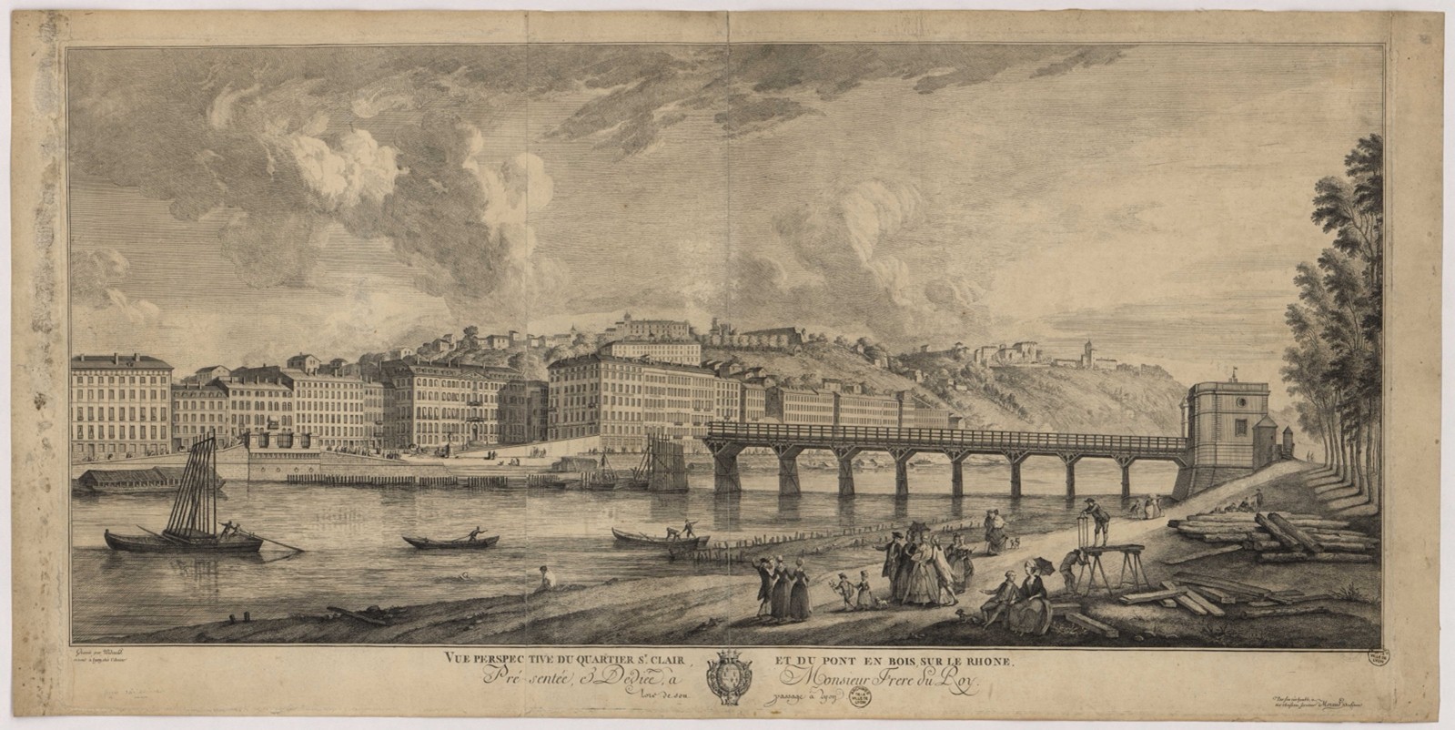 Vue perspective de la construction du pont Saint-Clair par Jean-Antoine Morand, gravée par Jean-Pierre-Xavier Bidault d'après un dessin de Morand, Archives municipales de Lyon, 16FI/301, 1775